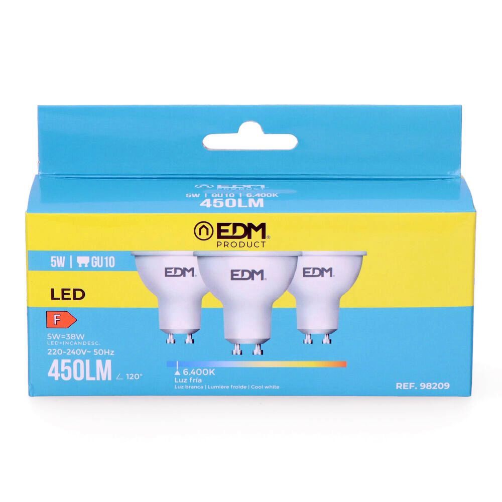 KIT 3 BOMBILLAS DICROICAS LED GU10 5 W 450 lm 6400 K LUZ FRIA Ø5 x 5,5 cm - Imagen 2