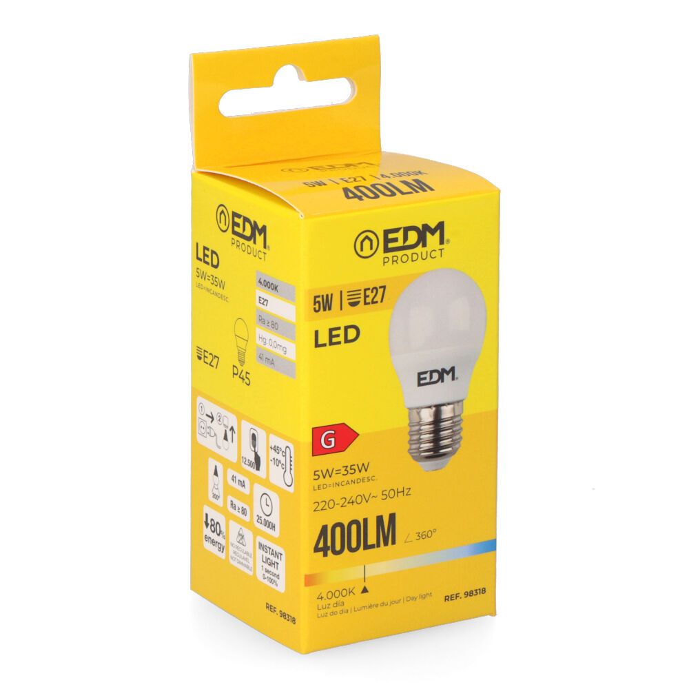BOMBILLA ESFERICA LED E27 5 w 400 lm 4000 k LUZ DIA Ø4,5 x 8 cm - Imagen 2