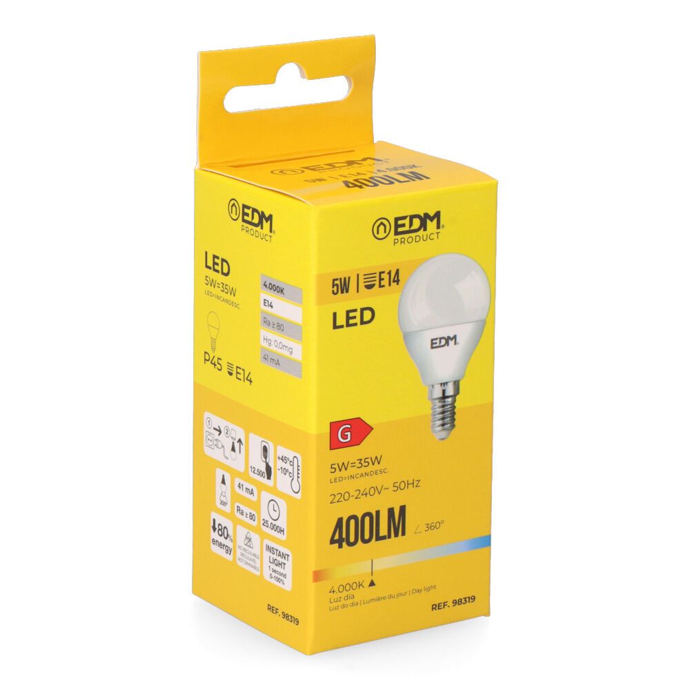 BOMBILLA ESFERICA LED E14 5 w 400 lm 4000 k LUZ DIA Ø4,5 x 8 cm - Imagen 2