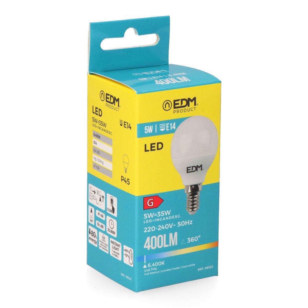BOMBILLA ESFERICA LED E14 5 w 400 lm 6400 k LUZ FRIA Ø4,5 x 8 cm - Imagen 2