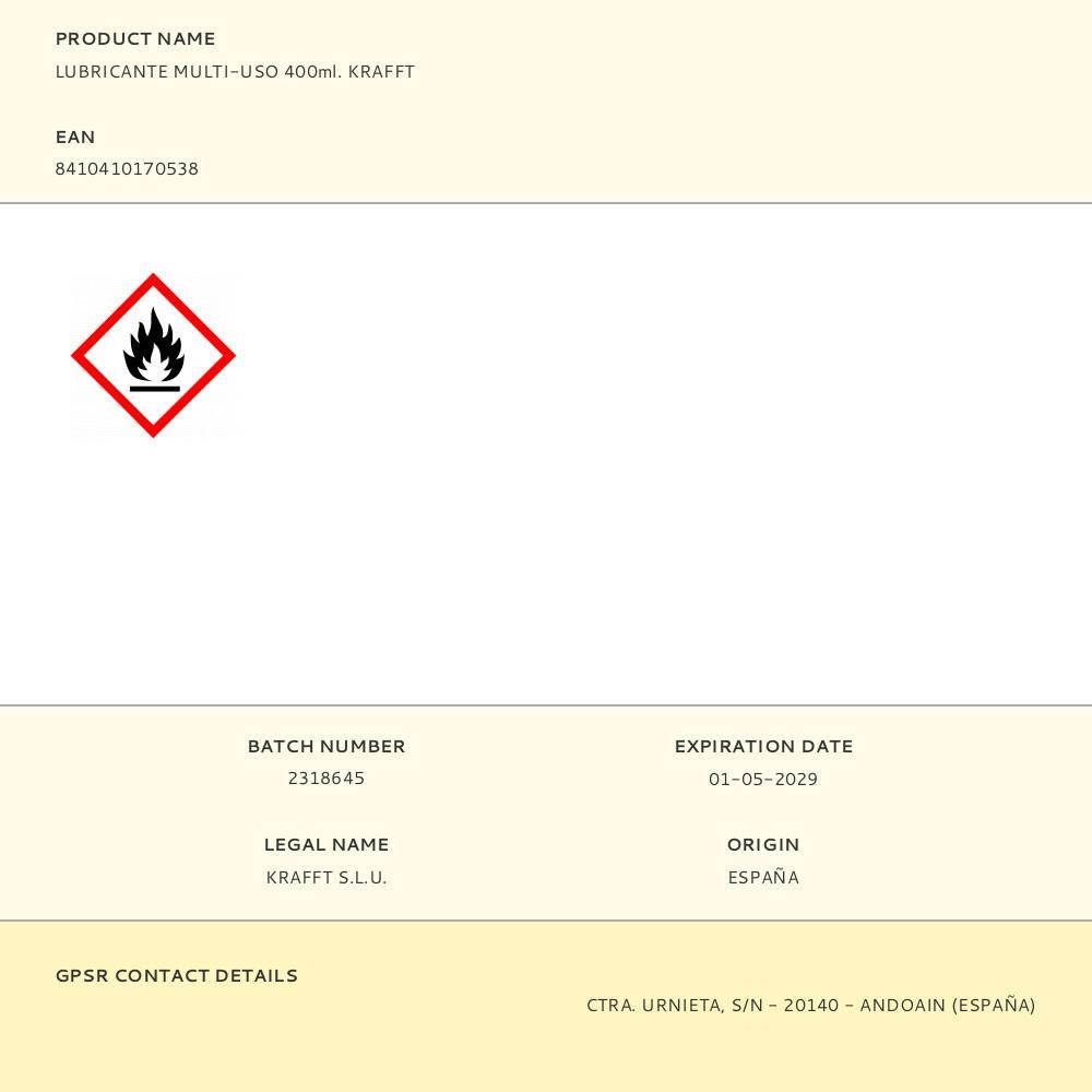 LUBRICANTE MULTI-USO 400ml. KRAFFT - Imagen 3
