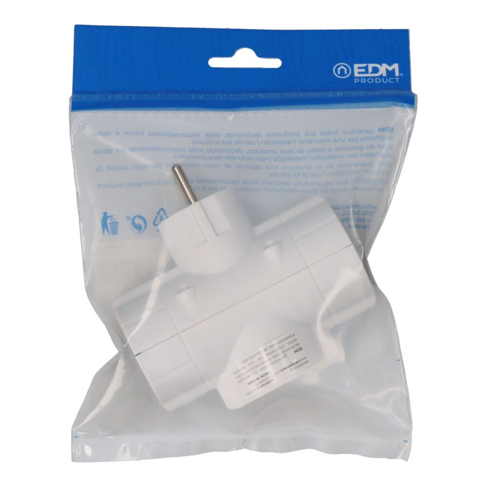 CLAVIJA TRIPLE ECONÓMICA T/TL TIPO F 4,8mm 16A 250V MÁX 3680W BLANCA (ENVASADA) - Imagen 2